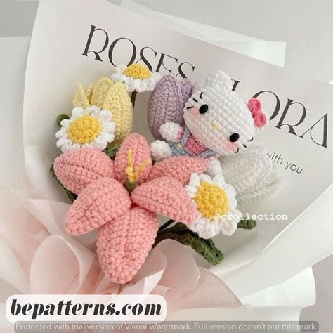 Crochet Blanket Pattern | Free & Easy | Cozy Projects Crochet Hello Kitty Bouquet, Hello Kitty Crochet Bouquet, Crochet Blanket Pattern Free, Flower Bouquet Tutorial, Small Crochet Gifts, Crochet Flower Bouquet, Hello Kitty Crochet, Diy Bouquet Wrap, Bouquet Tutorial