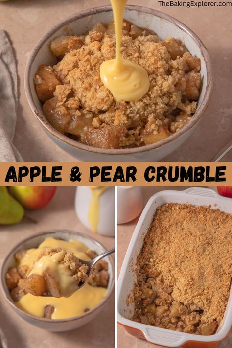 Recipe for Apple & Pear Crumble - flavoured with cinnamon and spices, a delicious fruit crumble with an oaty topping, great with custard! #thebakingexplorer #applecrumble #pearcrumble #comfortfood #applecrisp Apple Pear Crumble, Pear Crumble Recipe, Autumn Baking, Pear Crumble, Pear Dessert, Fruit Crumble, Uk Food, Drink Inspiration, Food Blogging