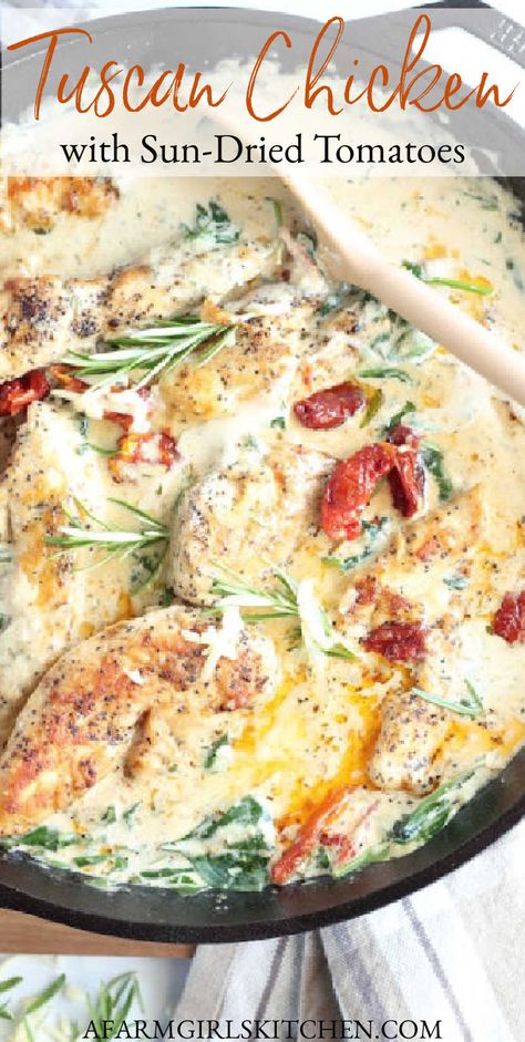 Boneless Chicken browned and simmered in a cream sauce with Havarti cheese, spinach, sun-dried tomatoes, garlic, and fresh rosemary. Super simple to make this chicken recipe in under 30-minutes! #tuscanchicken #chickenrecipes #sundriedtomatoes #chicken Sundried Tomato Chicken, Cream Cheese Spinach, Best Chicken Marinade, Cream Sauce For Chicken, Sun Dried Tomato Sauce, Lemon Rosemary Chicken, Mushroom Risotto Recipes, Havarti Cheese, Cheese Spinach