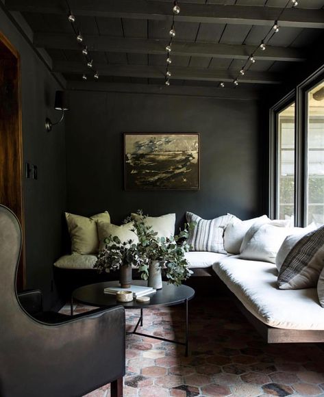 i think a dark sunroom makes the most beautiful sense Moody Sunroom, Black Sunroom, Going Dark, Greige Design, Dark Interiors, Pink Interior, Shop Interiors, Screened Porch, Farrow Ball