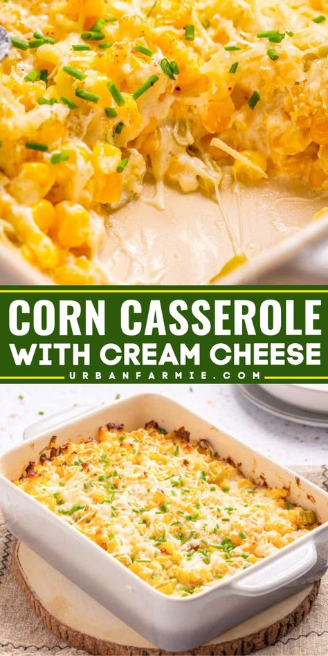 Your Easter dinner menu must have this cream cheese corn casserole recipe! You can use fresh corn, frozen corn, or canned corn. Creamy, cheesy, and full of flavor, this easy corn casserole with cream cheese is a kid-friendly side dish! Corn Casserole With Corn Meal, Mexican Corn Casserole With Yellow Rice, Corn Casserole Vegan, Cheesy Cream Corn Casserole, Creamed Corn Canned, Gluten Free Cream Corn Casserole, Best Corn Dishes, Easy Veg Side Dishes, Easy Cream Corn Casserole