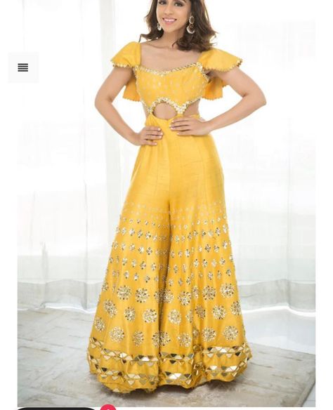 Mehndi Frock Design, Haldi Ideas, Lehenga Pattern, Haldi Outfits, Embellished Jumpsuit, Function Dresses, Haldi Outfit, Trendy Outfits Indian, Quick Nail