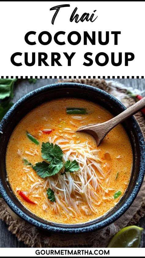 Warm up with a bowl of this Thai Coconut Curry Soup, a perfect balance of creamy coconut milk, spicy curry, and fresh vegetables. This comforting dish is a flavor-packed adventure, bringing authentic Thai flavors right to your kitchen. Get inspired in the kitchen – grab the recipe now #ThaiCurrySoup #CoconutCurry #ThaiSoup #ComfortFood #EasyRecipes #SpicySoup #HealthyEating #SoupSeason #DinnerIdeas #AsianCuisine Thai Curry Vegetable Soup, Thai Coconut Curry Noodle Soup, Creamy Coconut Soup, Thai Coconut Shrimp Soup, Fish Curry Recipe Coconut, Curry Coconut Soup, Thai Chicken Curry Soup, Coconut Curry Noodle Soup, Thai Soup Recipes