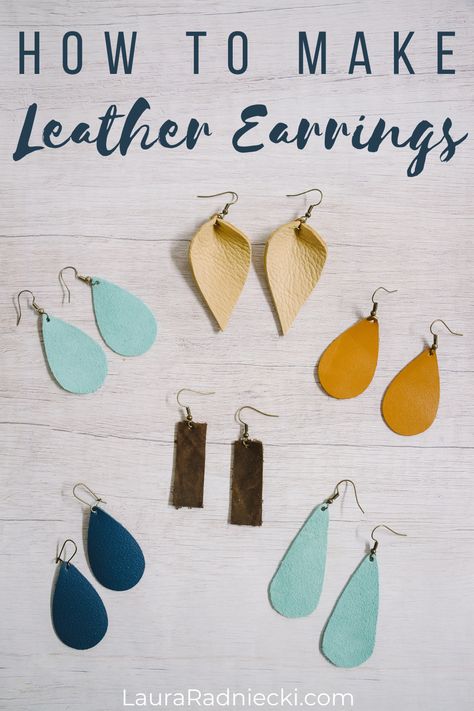 Learn how to make leather earrings in this detailed step-by-step tutorial with photos of every step. Also includes free DIY leather earring template for teardrop earrings, leaf earrings, rectangle bar earrings, and more! #leather #earrings #lauraradniecki How To Make Leather Earrings, Make Leather Earrings, Leather Earring Template, Leaf Earrings Diy, Leather Earrings Diy, How To Make Leather, Earring Template, Diy Earrings Easy, Diy Leather Earrings