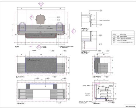 Library reception desk plan- sections- elevation and typical details for clear understanding and finishes details. Library Reception Desk, Reception Desk Layout, Desks Organization, Reception Desk Drawing, Reception Desk Plans, Library Reception, Diy Desks, Reception Counter Design, Furniture Details Drawing