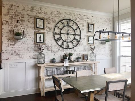 Brick Wall In Dining Room, Faux Brick Wall Dining Room, Brick Wall Dining Room, Half Brick Wall, Brick Wall Kitchen, Brick Feature Wall, Kitchen Cabinets Color Combination, Faux Brick Walls, Dining Room Buffet