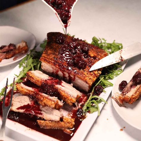 Roasted Pork Belly, Currant Jelly, Pork Sauce, Honey Pork, Cherry Preserves, Cherry Sauce, Crispy Pork Belly, Red Wine Sauce, Dry Red Wine