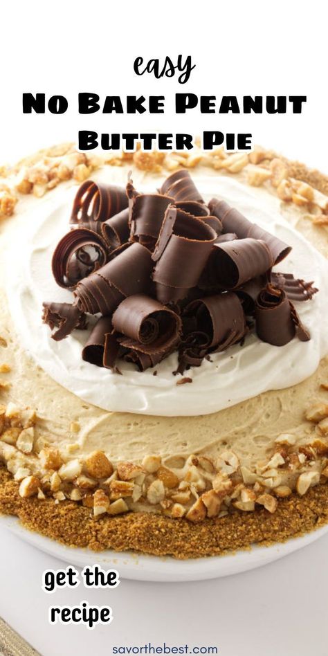 We’ll go ahead and say it: there’s no dessert quite like this No Bake Peanut Butter Pie! A fluffy, smooth and nutty filling, a crisp, buttery graham cracker crust, and a garnish of chopped peanuts. Whipped cream and chocolate curls add a flourish to the finish. No Bake Peanut Butter Pie, No Bake Pie, Kinds Of Pie, Best Christmas Desserts, Peanut Butter Mousse, No Bake Peanut Butter, Sweetened Whipped Cream, Butter Tarts, Chocolate Curls