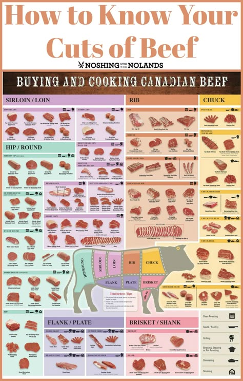 How to Know Your Cuts of Canadian Beef by Noshing With The Nolands is an informative guide to everything you need to know about beef from how best to prepare the different cuts to how to cook it and serve it! Meat Healthy Recipes, Beef Chart, Meat Cuts Chart, Beef Cuts Chart, Cuts Of Beef, Food Charts, Cooking Guide, Food Info, Cooking Basics