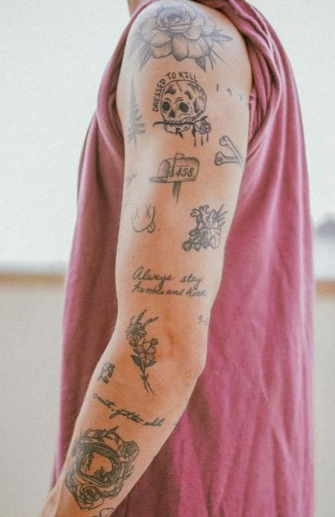 50 Patchwork Tattoos to Make You Start a Sleeve - Body Artifact Mens Tattoos Small Arm, Patchwork Tattoo Ideas Man, Outcast Tattoo Ideas, Mens Patch Work Tattoos, Patch Sleeve Tattoos For Guys, Coin Tattoo Ideas, Upper Arm Patchwork Tattoo, Mbdtf Tattoo, Tattoo Force