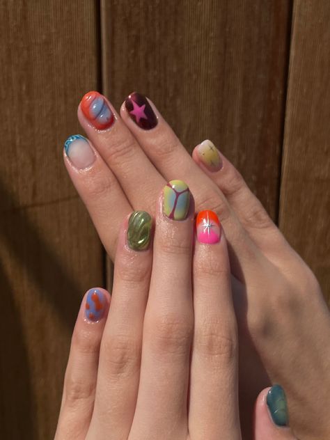 Funky Short Nail Art, Multi Pattern Nails, Short Gel Nail Designs Funky, Mismatched Short Nails, Short Nails Funky Design, Mismatch Nail Art, Mismatched Nail Art Short, Nail Art Trends 2024, Mismatched Nail Designs