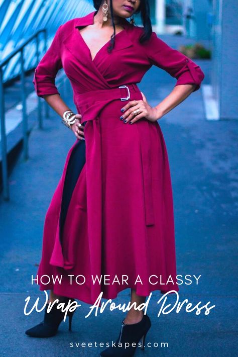 How to wear a classy wrap around dress. Click to see my favorite way to style a chic wrap dress for fall. #wraparounddress #fallfashion #fallstyle #falldress How To Style A Wrap Dress In Winter, Formal V-neck Wrap Dress For Fall, V-neck Wrap Dress For Date Night In Fall, Elegant V-neck Wrap Dress For Fall, Belted V-neck Wrap Dress For Fall, Outfits Fo, Casual Outfits For Moms, Trendy Boutique, Wrap Around Dress