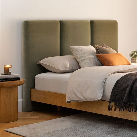 Noel Plush Pacific Sage Queen 48" Headboard Brown Upholstered Bed, Hotel Inspired Bedroom, Headboard Inspiration, Hotel Bedroom Design, Green Headboard, Modern Style Bedroom, Modern Bed Frame, Classy Bedroom, Mid Century Modern Bedroom