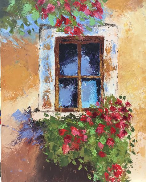 Simply a window...oil on canvas Italian Window Painting, Painting A Window On Canvas, Oil Pastel Window, Oil Painting Easy Simple, Painting Of A Window, Window View Painting, Window Paintings, Bird Painting Acrylic, Simple Oil Painting