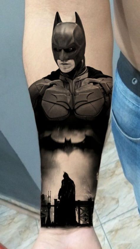 Batman Sleeve Tattoo, Gotham Tattoo, Batman Tattoo Ideas, Batman Tattoo Sleeve, Batman Tattoos, Arm Cover Up Tattoos, Lower Arm Tattoos, Optical Illusion Tattoos, Illusion Tattoos