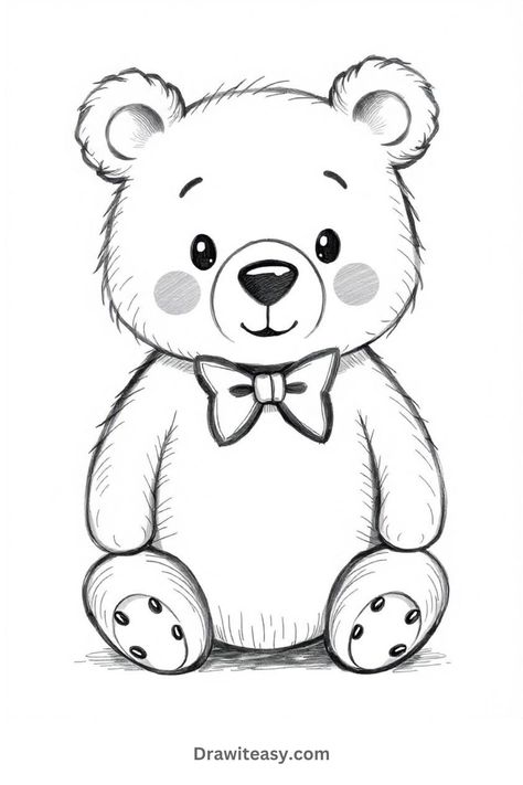 A cute teddy bear with a bow tie sitting down, drawn in a simple black-and-white sketch style. Panda Bear Drawing, Bear Drawing Easy, Bear Drawing Cute, Teddy Bear Drawing Easy, Teddy Bear Sketch, Teddy Bear Drawing, Bear Sketch, Beginner Sketches, Easy Animal Drawings