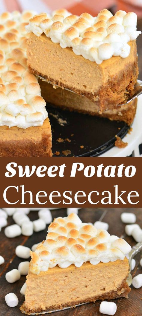 Sweet Potato Cheesecake. This rich, decadent, creamy cheesecake made with sweet potatoes and topped with toasted marshmallows will be a wonderful addition to the holiday table. #dessert #cheesecake #dessert #holidaydessert #falldessert Cheesecakes Recipes, Chocolate Chip Cake Recipe, Sweet Potato Cheesecake, Dessert Cheesecake, Split Cake, Pumpkin Pie Cheesecake, Cheesecake Dessert, Thanksgiving 2024, Homemade Cheesecake