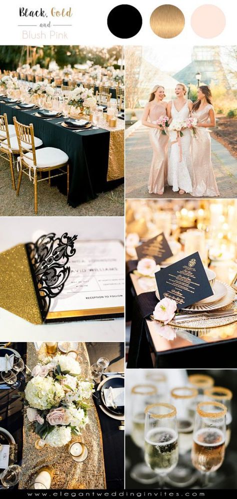 glamorous black,gold and blush wedding color palettes Blush Black Gold Wedding, Luxury Wedding Color Palette, Elegant Black And Gold Wedding, Black Gold And Blush Wedding, Black And Gold Wedding Color Palette, Black Wedding Gold Accents, Wedding Colors Black And Gold, Wedding Color Schemes Black And Gold, Black And Gold Spring Wedding