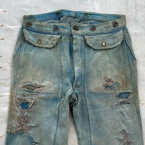 Golden State Vintage on Instagram: "1890’s Flap Pocket and Double Knee Buckleback Jeans. Found under a pile of rubble in an early property, these are by far the most unique pair of pants we’ve ever come across. They feature two button hole scoop pockets that extend down to a double knee. There are hints of hidden selvedge, grommeted suspender buttons, and a copper pin teeth buckle. Thankful to have owned these as they are off to a great home." Summer 25, Button Hole, Pair Of Pants, Golden State, Flap Pocket, Vintage Items, Buckle, Copper, Pants