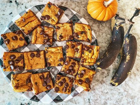 Pumpkin and Banana Chocolate Chip Bars - The Southerly Magnolia Banana Chocolate Chip Bars, Over Ripe Bananas, Pumpkin Chip, Funfetti Cake Mix, Banana Bars, Chocolate Chip Bars, Pumpkin Banana, Pumpkin Bars, Banana Chocolate