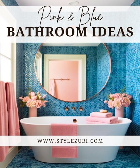 19 Stunning Pink and Blue Bathroom Ideas to Brighten and Transform Your Space Pink And Blue Bathroom, Blue Bathroom Ideas, Soft Blue Walls, Vibrant Bathroom, Blue Mosaic Tile, Guest Bathroom Ideas, Teal Bathroom, Rose Gold Lights, Blue Vanity