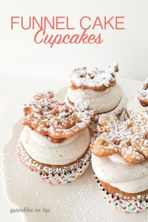 Summertime Cupcakes, Cupcakes Recipes Vanilla, Funnel Cake Cupcakes, Mini Funnel Cakes, Stuffed Cupcakes, Specialty Cupcakes, Funnel Cake Recipe, Icing Recipes, Fun Cupcake Recipes