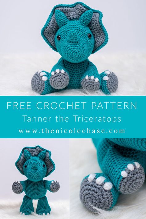 Tanner The Triceratops, Amigurumi Triceratops, Crochet Dinosaur Pattern Free, Crochet Dinosaur Patterns, Stuff Animals, Crochet Toys Free, Confection Au Crochet, Crochet Dinosaur, Pola Amigurumi