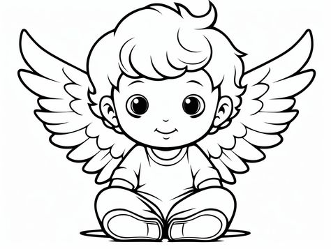 illustration of Cherub coloring page for all ages Angel Y Diablo, Heavenly Creatures, Angel Coloring Pages, Angels Wings, Fantasy Fairy, Free Coloring Pages, Colouring Pages, Free Kids, Christmas Angels