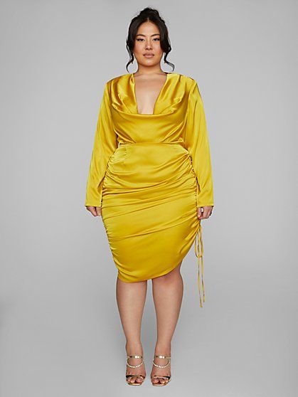 Plus Size Clothing | Fashion To Figure Cocktail Dress Yellow, Figure Dress, Heels Gold, Open Toe Heels, Fashion To Figure, Cowl Neck Long Sleeve, Cowl Neck Dress, Rust Dress, Dark Yellow