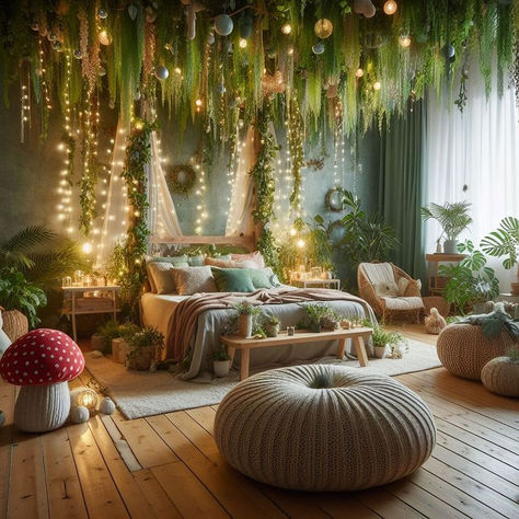 Nature Bedroom Aesthetic, Forest Theme Bedroom, Forest Bedroom Ideas, Mushroom Nursery, Fairycore Bedroom, Plant Bedroom, Fairytale Bedroom, Woodland Bedroom, Forest Bedroom