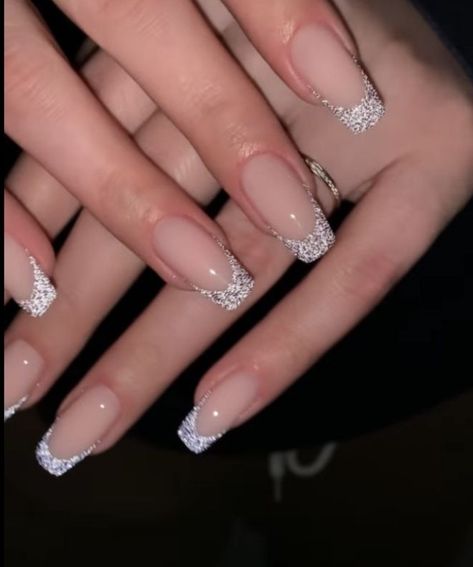 French Tip And Sparkle Nails, Glittery Silver French Tip, Glitter French Manicure Square, French Gliterry Nails, Ballerina Nails French Tip Glitter, Glittery French Tip Nails Square, Jan 2024 Nails, Silver Nails Ombre, White Sparkly French Tips