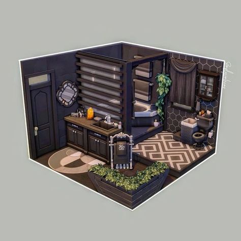 Sims 4 Bathroom Build, Sims 4 Goth Bathroom, Sims Bathroom Ideas, Black Themed Bathroom, Sims 4 Bathroom Clutter, Sims 4 Bathroom Ideas, The Sims 4 Bathroom, Bathroom Sims 4, Sims Bathroom