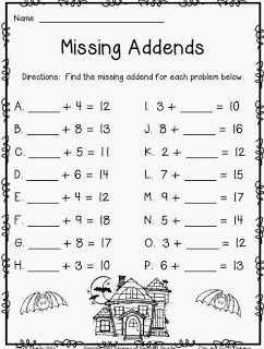 Free October Printables--Missing Addends--great math sheet for first or second grade---free math printable Halloween Second Grade, Missing Addends Second Grade, Worksheets For 3rd Grade Free Printable, Free October Printables, October Printables, Halloween Worksheet, October Math, Missing Addends, Missing Addend