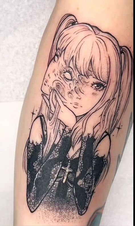 In "," two iconic characters from different realms of the anime universe come together in an imaginative blend of artistry. This captivating tattoo concept marries Misa's vibrant personality with Tomie's enigmatic allure, creating a stunning visual narrative that celebrates their distinct traits. Sternum Women’s Tattoo, Deathnote Tattoo Ideas, Misa Amane Tattoo, Misa Amane Drawing, Misa Tattoo, Tattoo Ideas Emo, Tomie Outfit, Deathnote Tattoo, Tomie Tattoo