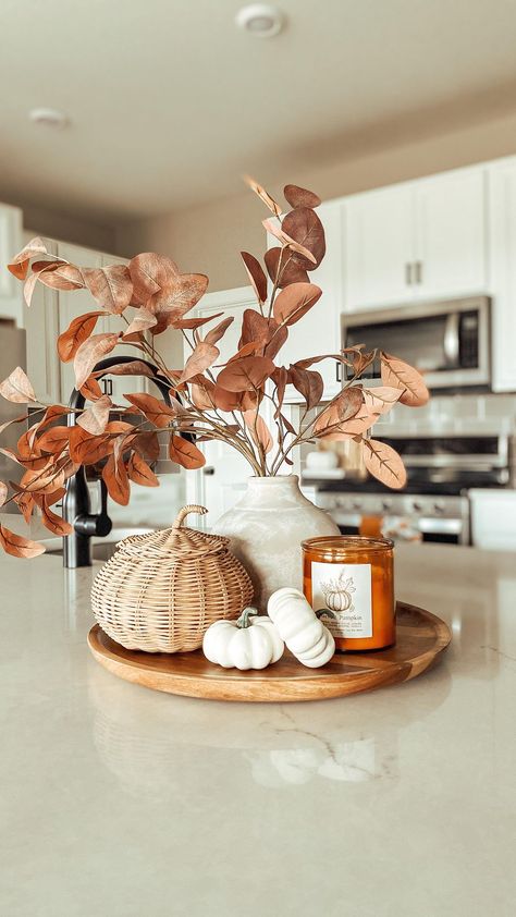 Ashley Alonzo | More Fall decor is slowly but surely coming out around our house 😆 🍂🍁 Who else has started decorating for Fall? . . #falltray... | Instagram September Kitchen Decor, Neutral Kitchen Table Decor, Simple Boho Fall Decor, Neutral Fall Kitchen Decor Ideas, Minimalist Fall Centerpiece, Beige Fall Decor, Fall Decor Ideas For The Home Modern, Neutral Fall Decor Ideas Living Room, Fall Decor Natural