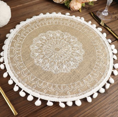 Quantity: 4 Table Placemats Material: Jute Color: Natural and White Style: Mandala Print w/ Beaded Edges Total Size: 15" Inner Diameter: 13" Edge Trim: 0.75" Thickness: 2mm Features: Non-slip, heat-resistant, anti-scalding, lightweight, durable & reusable Multi-purpose: Use as Kitchen Table Mats, Boho Wall Decor, Pot Holder, Charger Plates, and more! Embroidery Mandala, Rustic Placemats, Cotton Placemats, Lace Placemats, White Mandala, Jute Fabric, Printing On Burlap, Woven Placemats, Tablecloth Sizes