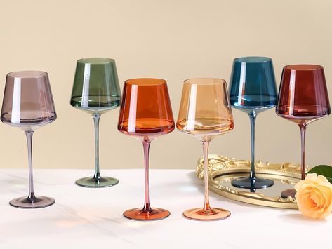 Amazon.com | comfit Colored Crystal Wine Glasses Set of 6-16 oz, Unfading Color, Hand-blown Colorful Wine Glasses - NOT Dishwasher Safe, Valentine's Day Gifts: Wine Glasses Colorful Wine Glasses, Unique Wine Glasses, Birthday Wine Glasses, Colored Wine Glasses, Wine Glass Designs, Crystal Wine Glasses, Wine Glass Set, Bar Glassware, Gifts For Wine Lovers