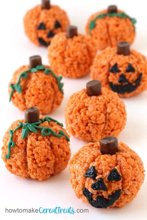 Rice Crispy Pumpkins, Desserts For Halloween, Halloween Rice Crispy Treats, Pumpkin Rice Krispies, Fun Rice Krispie Treats, Pumpkin Rice Krispie Treats, Halloween Rice Krispie Treats, Pumpkin Rice, Halloween Treats To Make