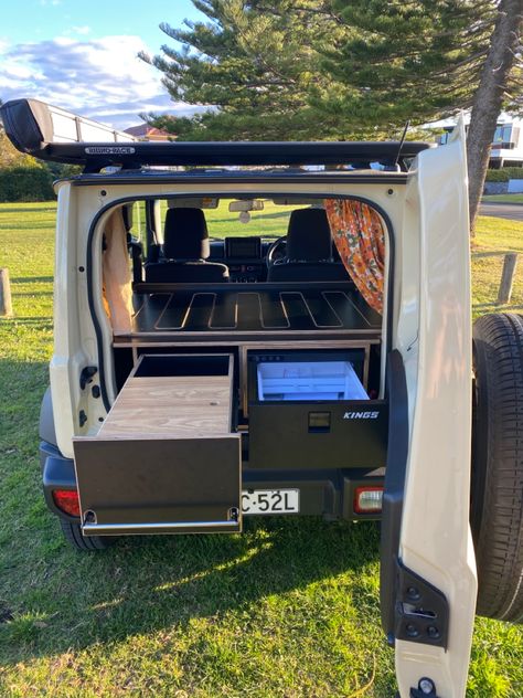 suzuki jimny fitout Jimny Suzuki Camping, Suzuki Jimny Camper, Suzuki Jimny Aesthetic, Suzuki Jimny Camping, Jimny Camping, Jimny Interior, Suzuki Jimny Interior, Camper Jeep, Jimny Camper