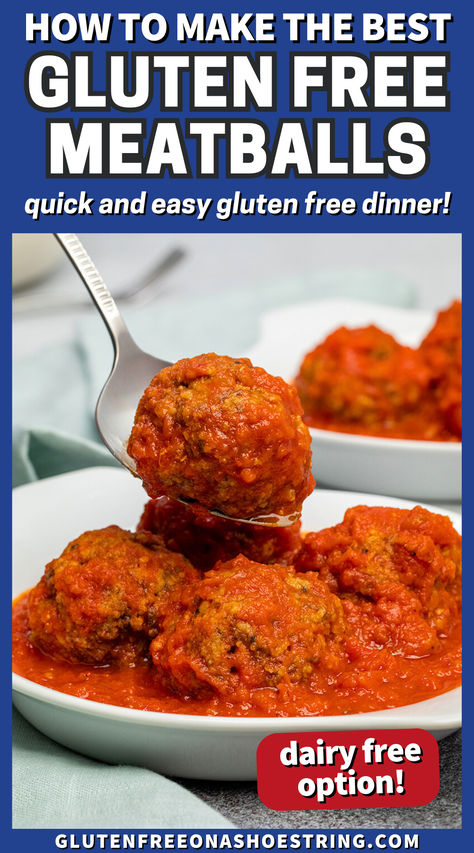 a white plate with meatballs in red sauce with another plate of them in the background Gf Meatballs Gluten Free, Meatball Recipes Gluten Free, Gluten Free Dairy Free Meatballs, Dairy Free Meatballs, Gluten Free Meatballs Recipe, Weeknight Family Dinner, Juicy Meatballs, Gluten Free Meatballs, Baked Meatballs