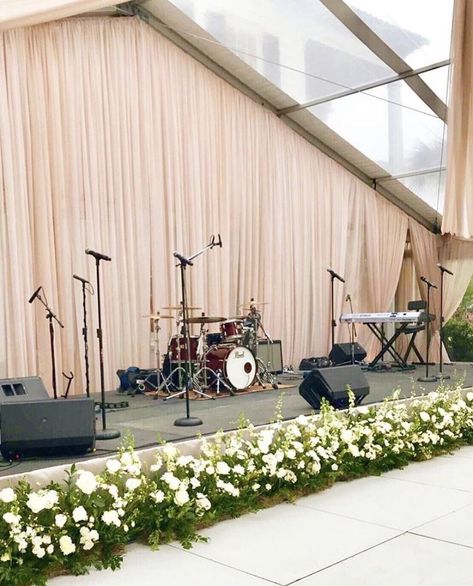 Champagne Curtains, Flowers In Planters, Band Backdrop, Church Stage Decor, Reception Tablescapes, Church Stage Design, Church Stage, Stage Backdrop, Wedding Stage Decorations