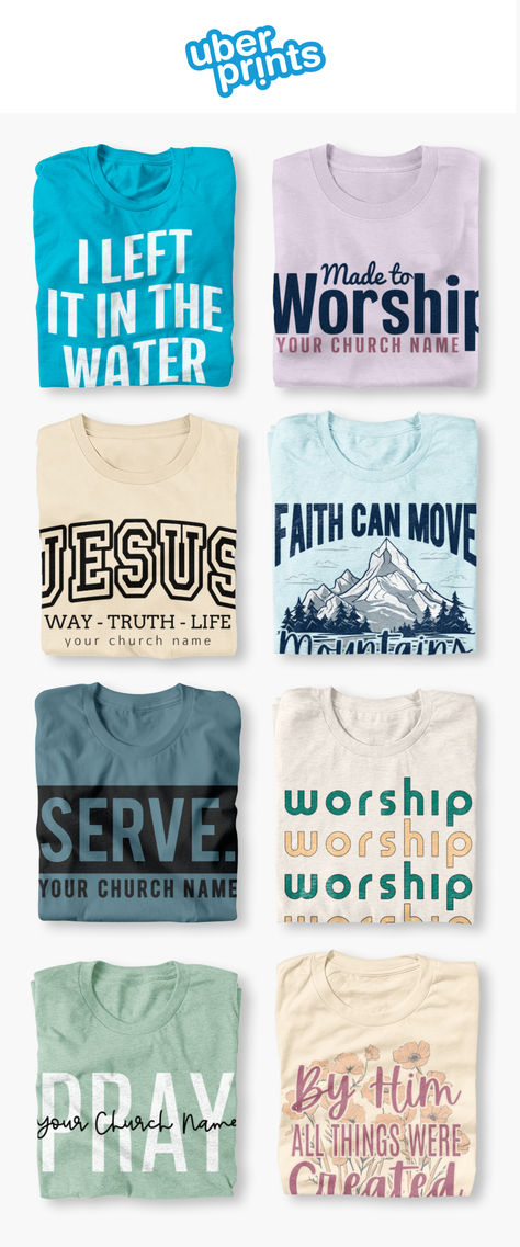 an image of 8 folded shirts, each showing a different custom shirt design. Youth Group Tshirt Ideas, Church Tshirt Designs, Church Shirt Designs, Church Tshirts, T Shirt Fundraiser, Youth Work, T Shirt Design Ideas, Modern Church, Church Shirt