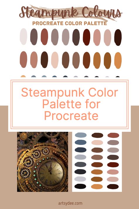 Steampunk Digital Art, Steampunk Colour Palette, Steam Punk Color Palette, Steampunk Palette, Acnh Steampunk, Steampunk Color Palette, Steampunk Moodboard, Punk Fashion Aesthetic, Steampunk Diy Costume