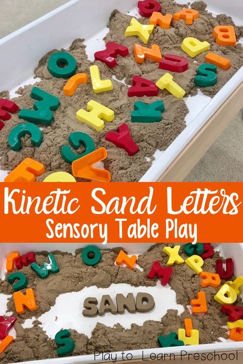 Bring a piece of the beach into the classroom with these Kinetic Sand Letter Molds. They're perfect for literacy learning in the sensory table. Sensory Table Preschool, Sand Activities, Ece Activities, Letter Activity, Sensory Table Ideas, Toddler Sensory Bins, Sensory Tables, Flisat Table, Table Activities