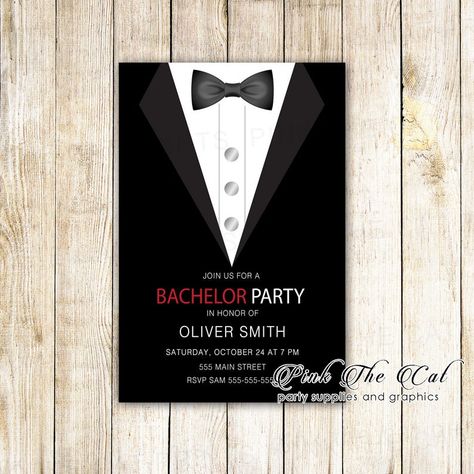 30 red black tuxedo bachelor invitations personalized set of | Etsy Shower Items, Contact Page, Black Invitation, Black Tuxedo, Printed Invitations, Bachelor Party, Your Special, Paper Cards, Photo Lab