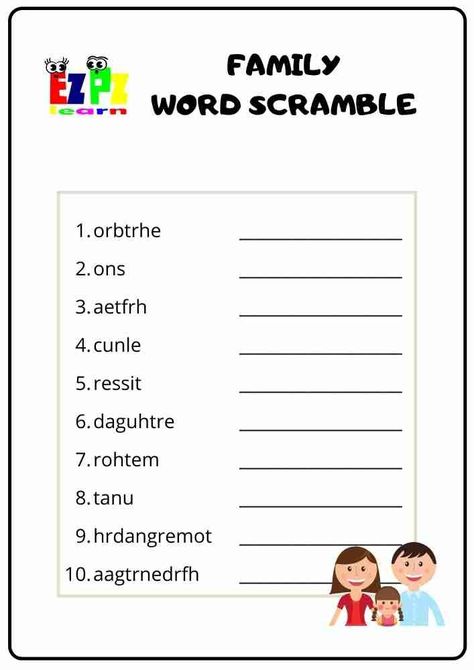 Free Printable English Word Scramble Easy Version Topic Family Members For Kids ESL Teacher Family Members For Kids, Word Puzzles For Kids, English Grammar Notes, Family Word, English Grammar For Kids, Scramble Words, Family Worksheet, Grammar For Kids, Kindergarten Reading Activities