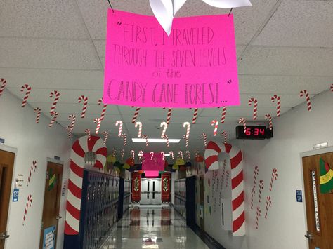 "First I traveled through the seven layers of the Candy Cane forest..." Decorating School Halls For Christmas, Candy Cane Forest Decorations Elf, Candy Cane Lane Bulletin Board, Candy Cane Lane School Hallway, Christmas Hallways, Candy Cane Garland, Grinch Night, Candy Cane Forest, Hallway Decorations