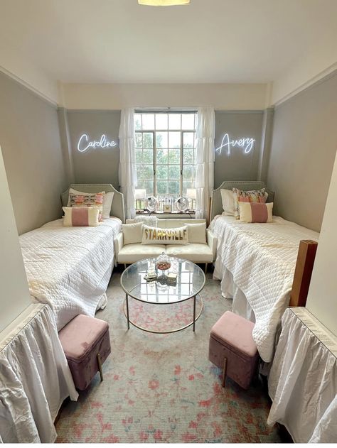 Pink White Dorm Room, Light Pink And Grey Dorm Room, Dorm Room Ideas Neutral Colors, Dorm Room Ideas With Roommate, Matching Dorm Room Ideas Roommate, Dorm Room Ideas Roommate, Light Pink Dorm Room Ideas, Matching Dorm Room, Sharing A Room Ideas Sisters