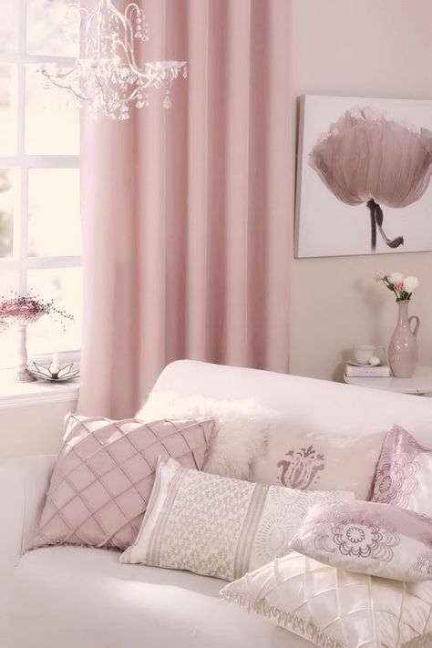 The vintage charm of pink curtains ~ Colette Le Mason Country Shower Curtain, White Couch, Deco Rose, Pink Curtains, Pink Living Room, Design Del Prodotto, Pink Room, Pink Decor, A Living Room