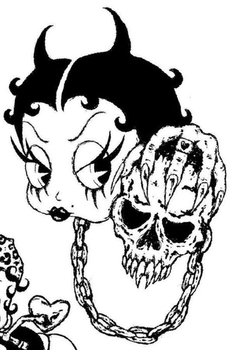 Betty Boop Motorcycle Tattoo, Punk Betty Boop, Bettie Boop Tattoo, Gothic Betty Boop Tattoo, Vampire Skull Drawing, Punk Art Artworks, Goth Betty Boop, Skull Art Simple, Betty Boop Drawing